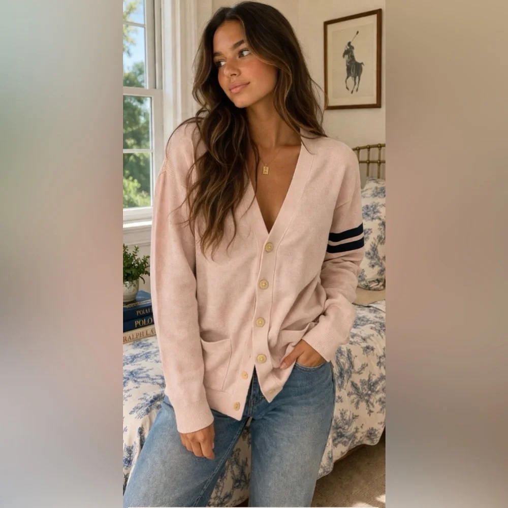 Vintage Ralph Lauren Rugby
Cardigan Women's Medium
Light Pink Varsity Striped - Picture 1 of 2